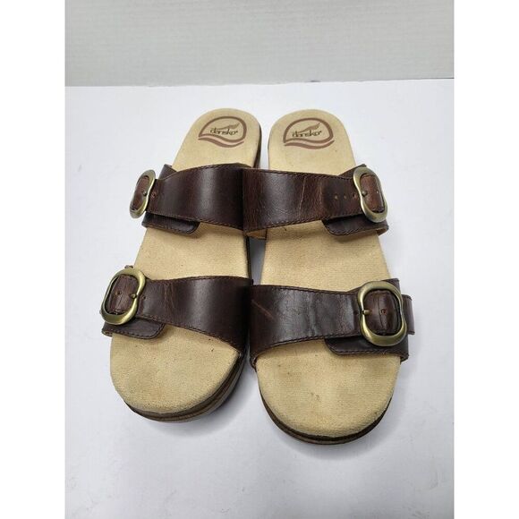 Dansko Distressed Leather Clog Sandals Wedge Heels Straps Slide Brown 7.5 - Picture 1 of 11